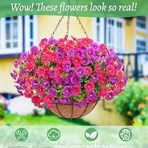 Elyum Artificial Hanging Flowers for Outdoors Fake Flowers Artificial Petunias Hanging Baskets for Outdoors UV Resistant Fake Hanging Plants Flowers for Outside Garden Patio Porch Decor