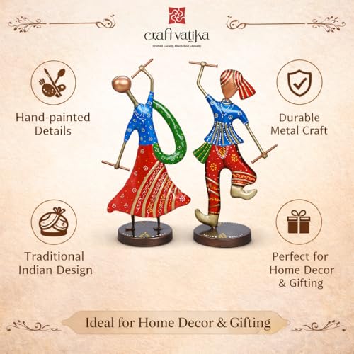 Image of CraftVatika Metal Gujrati Couple Dancing Showpiece for Home Decor, Gift Items, Multicolor, 13.3 x 6 x 4 Inches