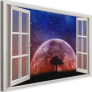 Feeby Canvas Schilderij 1-delig 120×80 Schilderij op Canvasdoek XXL Fotoprint Afbeelding Wanddecoratie Kunstprint Raam 3D Illusie Maan Boom Sterrenhemel Nacht Rood Blauw
