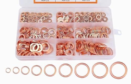 Juego de Arandelas de Cobre, 300 Piezas Surtido de Anillo de Sellado de cobre, 12 Tamaños Arandela Plana de Cobre M5-M20, Accesorios Hidráulicos para Tapones de Sumideros Agua Combustible