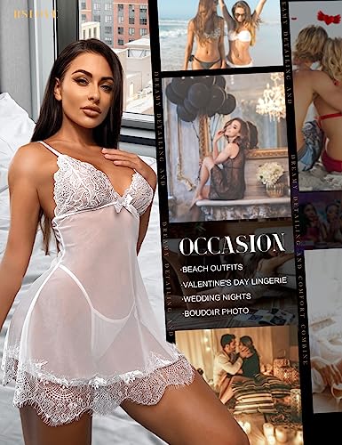 RSLOVE Women Sexy Lingerie Set 3 Piece Babydoll & Lace Kimono Robe Strap Chemise Sleepwear Mesh Nightgown4