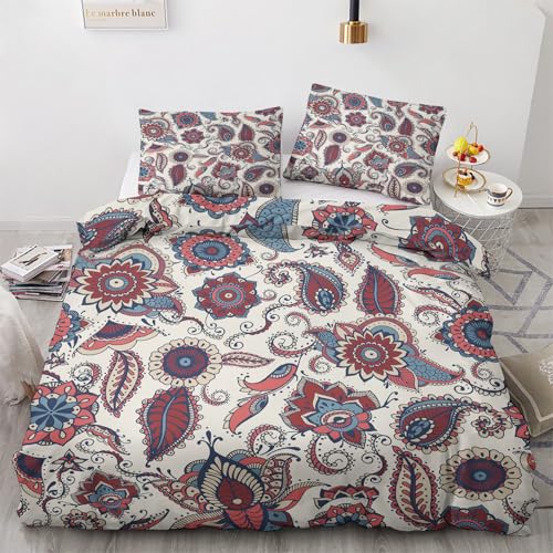 Paisley Floral Double Duvet Cover Set, Vintage Boho Bedding 3 Piece for Bedroom Deocr, Soft Microfiber Reversible Bed Quilt Covers, 2 Pillow Cases, Zip Fastening