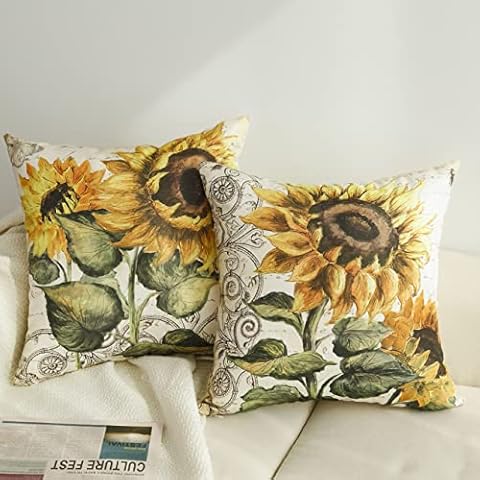 Set of 2 Sunflower Throw Pillow Covers Vintage Oil Painting Floral Square Pillowcase Home Decorative Linen Outdoor Farmhouse Cushion Covers for Living Room Sofa Couch 20x20 inches Cover