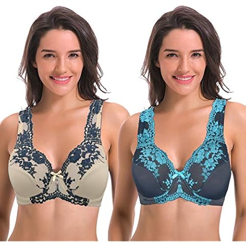 Curve Muse Women's Minimizer Unlined Underwire Bra with Lace Embroidery-2 Pack, Gray,nude(2 Pack), 44B Cover