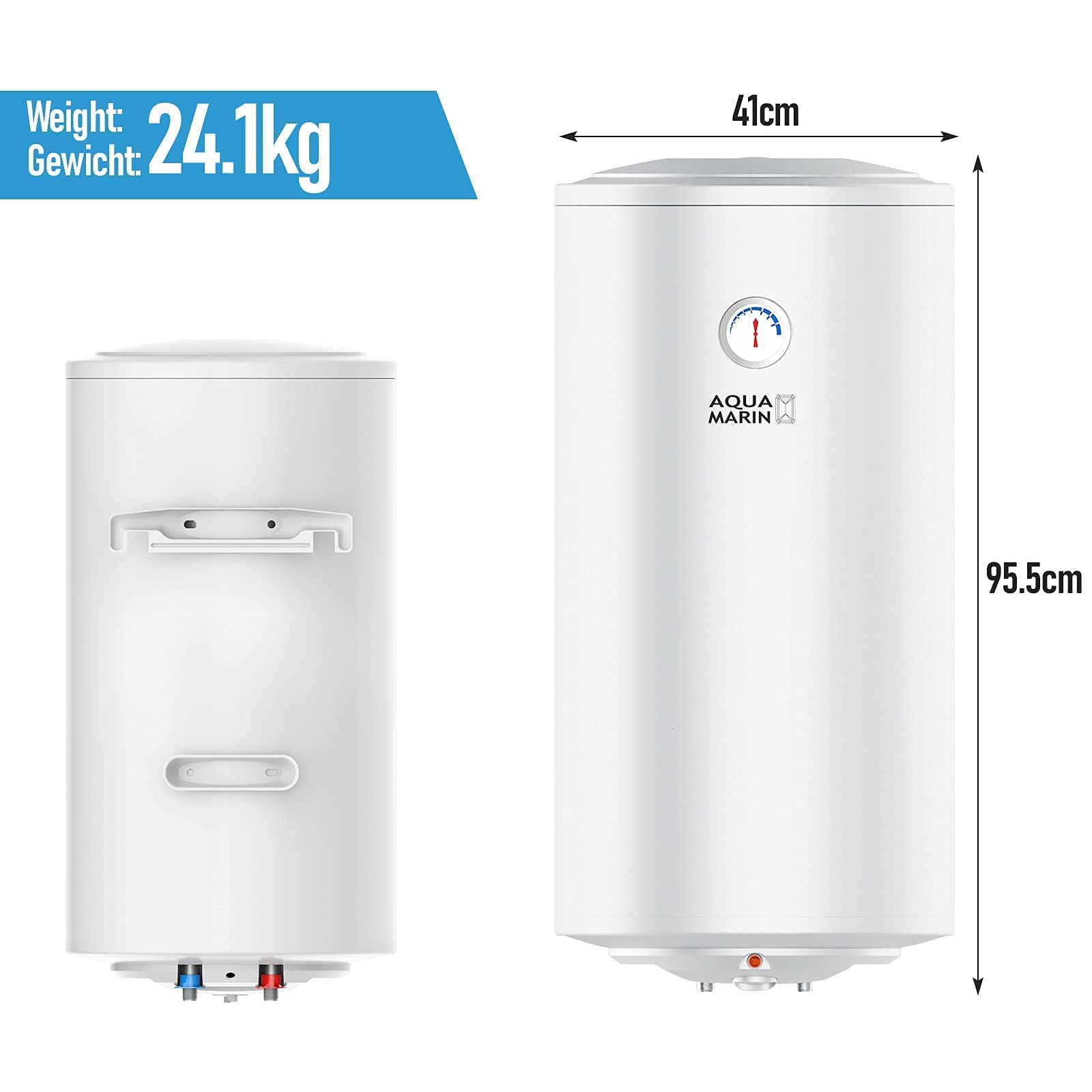 Aquamarin® Termo Eléctrico - Modelo ANTICAL, Capacidad de 30/50/80/100 Litros, 1,5 kW, Termostato 75° C, CEE: B/C, Instalación Vertical - Calentador, Acumulador de Agua Caliente, Ducha (80L)
