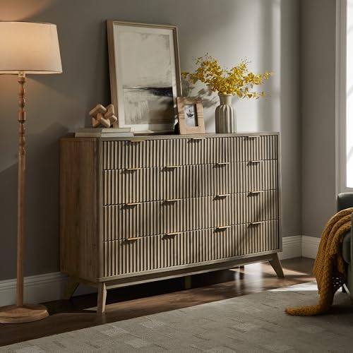 Image of T4TREAM 54 inch Wide Fluted 9 Drawer Dresser for Bedroom, Grey Alder | Mid Century Modern, Curved Profile, Metal Handles, Anti-tip Kit, Smooth Slides, for Living Room, Hallway