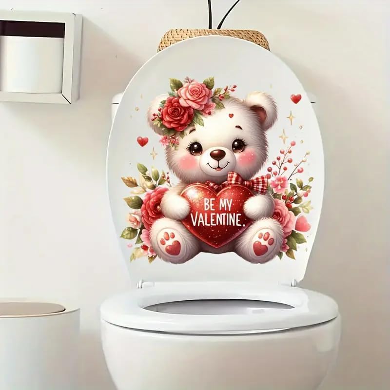 Little Bear Love Valentine's Day Toilet Cover Sticker Decals,Fish Bird Flower Leaf Waterproof Toilet Lid Tank Seat Decals Cistern Self-Adhesive Bathroom Wall Sticker