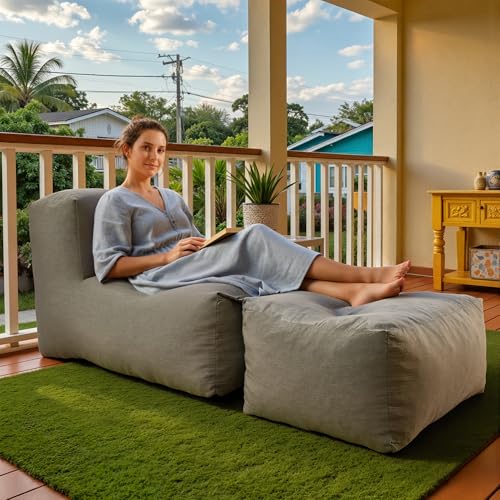 Outdoor Indoor Bean Bag Chair with Ottoman 2-in-1 Lounge Beanbag with Filling Water-Repellent Polyester Patio Sofa Full-Body Ergonomic Support Floor Seating Dark Gray