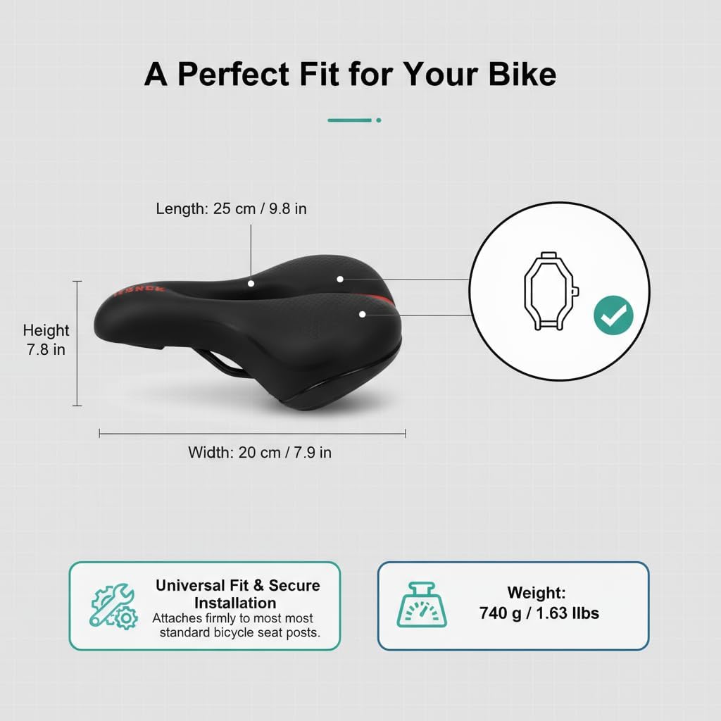 Ascent Bike Saddle Ergonomic Shape for Hip Comfort, Shock-Absorbing Design, Breathable Fabric, Suitable for Road & Mountain Biking, Secure Installation