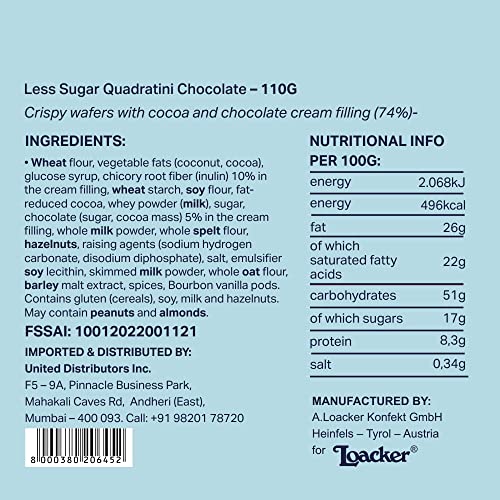 Image of Loacker Less Sugar Quadratini Chocolate, 110g