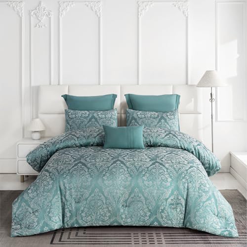 Sophia & William Queen Comforter Set, 6 Piece Jacquard Bedding Comforter Set(Emerald Green), All-Season Bedding Sets - 1 Comforter, 2 Pillow Shams, 2 Euro Shams, 1 Throw Pillow