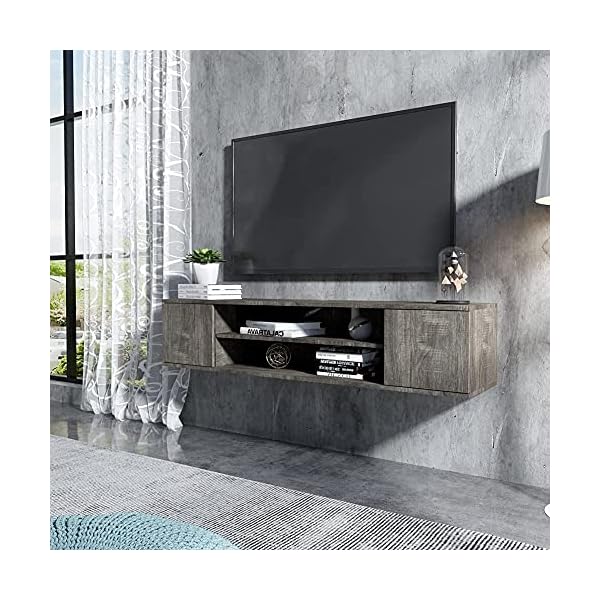 Meerveil Floating TV Unit, Wall Mounted TV Cabinet with 2 Shelves and 2 Push to Open Doors Rustic Industrial for Living Room, 140x32x30 cm Grey - Image 7
