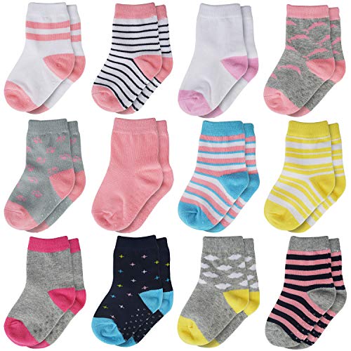 HELN Crew Grip Socks Anti Slip Non Skid Sock for Baby Toddler Infant Newborn Kids Girls 12 Pairs (18-36 Months, Multi)