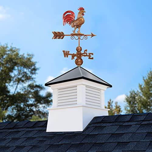 18" Square Manchester Vinyl Cupola With Black Aluminum Roof And Copper Bantam Red Rooster Weathervane By Good Directions #TOP15