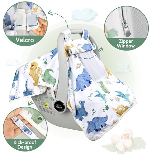 Image of Baby Carseat Seat Cover Boys, Winter Carseat Canopy, Cozy & Warm Cover with Zipper Peep Windows, Infant Minky Carrier Cover, Soft Breathable, Baby Must Have, White Dinosaur