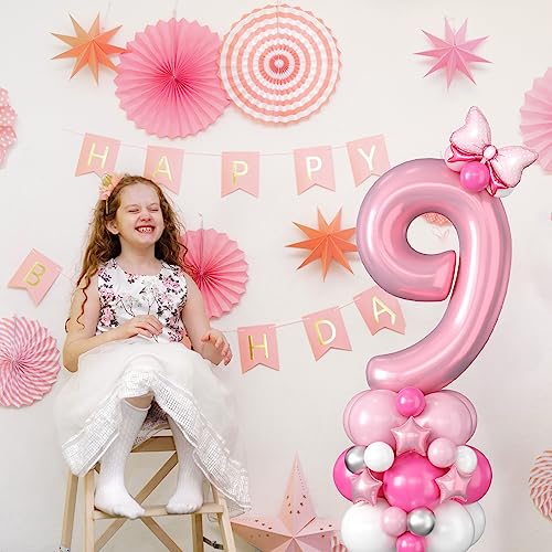 Image of 40 Inch Pink Number 9 Balloon Tower 9th Birthday Decorations for Girls