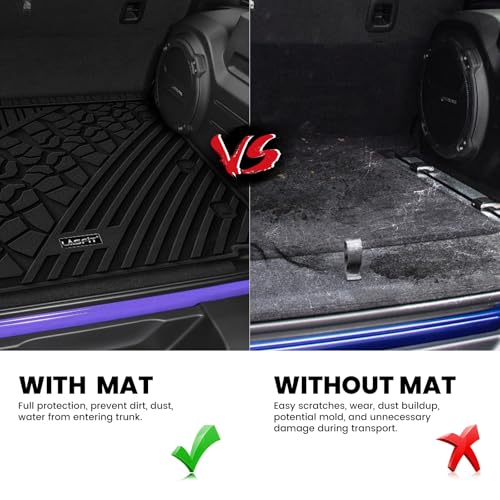 Image of LASFIT Cargo Mat for Jeep Wrangler JL 2018-2026 4 Doors with SUBWOOFER | Not for JK /Not PHEV /Not 2-Door, All Weather, TPE, Custom Fit, Trunk Mat, for Flat Load Floor, Gas Type, Black