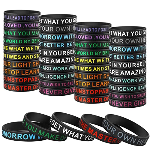 Qeerbsin 60 Pcs Inspirational Silicone Bracelets Black Motivational Quote Rubber Wristbands #TOP2