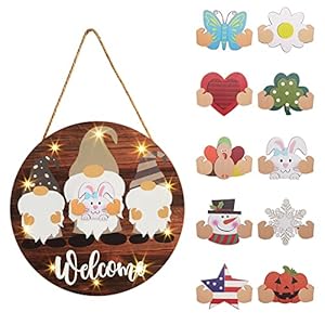 Interchangeable Seasonal Gnome Welcome Sign for Front Door Decor Rustic Wooden Welcome Sign with 10 LED Lights12 Inches Modern Farmhouse Wall Home Sign for Holiday Halloween Thanksgiving Christmas