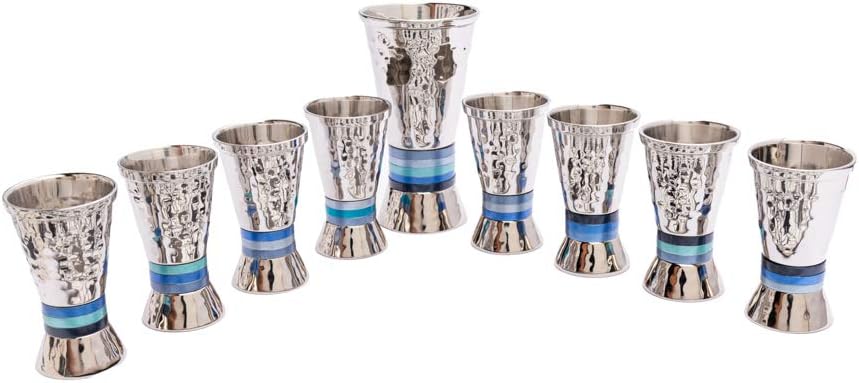 Yair Emanuel Hammered Nickel Kiddush Fountain with Cone Shaped Cups - Blue Rings