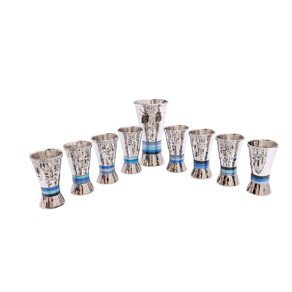 Yair Emanuel Hammered Nickel Kiddush Cup With Blue Accents - Handmade In Israel, 4.5" Tall