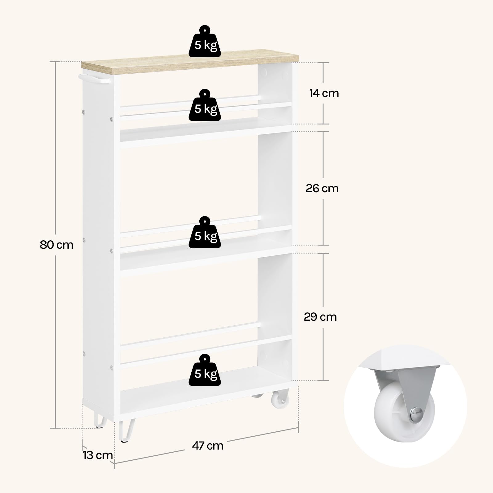 WOLTU Servierwagen mit 3 Ebenen, Küchenwagen mit Rollen Griff Bremsen, Rollwagen Aufbewahrungswagen für Küche Büro Wohnzimmer, 47x80x13 cm, Helle Eiche Weiß