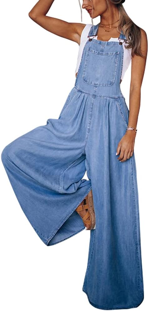 chouyatou Women’s Loose Adjustable Strap Wide Leg Denim Bib Overall Jeans Pants