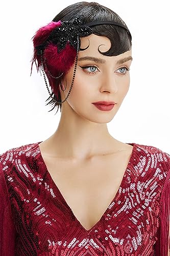 BABEYOND Opaska na głowę w stylu vintage z lat 20. XX wieku, z piórami, koralikami, kryształowa, klapa, nakrycie głowy, akcesoria kostiumowe, ryczące akcesoria z lat 20., Blackwinered