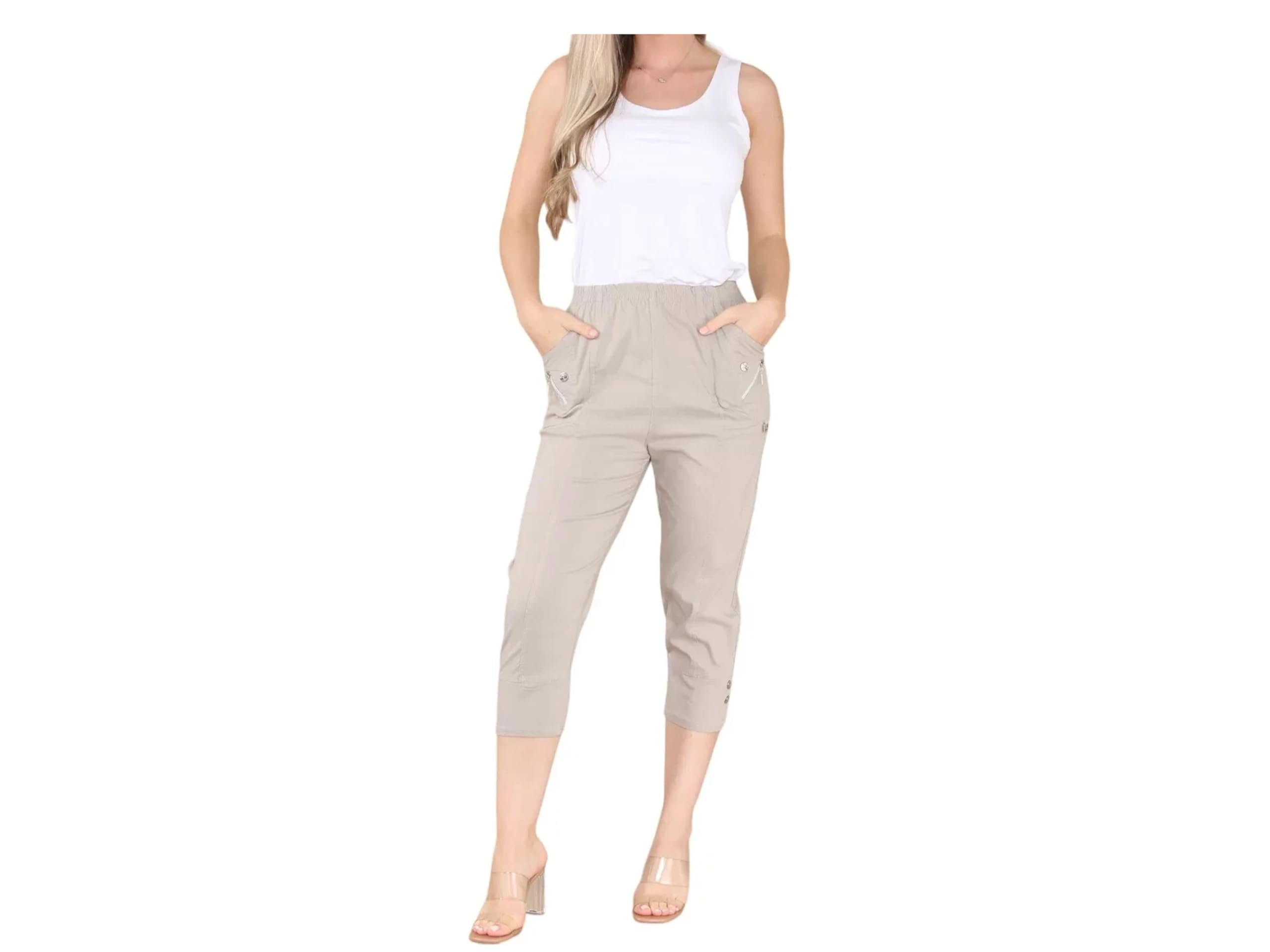deevan Ladies Cropped Trousers Womens 3/4 Capri Crop Pants Three Quarter Elastiated (as8, Numeric, Numeric_22, Regular, Regular, Beige)