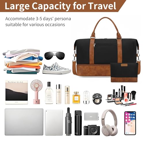 Image of Oeihuivt Weekender Bags for Women - 21 Inch Large Travel Duffel Bag with Shoe Compartment, Heavy-Duty Canvas Leather Carry On Overnight Tote, Brown-Black, 21, Weekend Trip