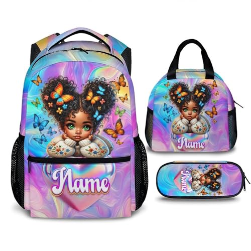 School Backpack Set for Girls, Personalized 3Pcs School Backpacks Matching Combo for Travel Camping, Custom Lightweight Schoolbag with Lunch Bag Bundle for Children Age 6-12