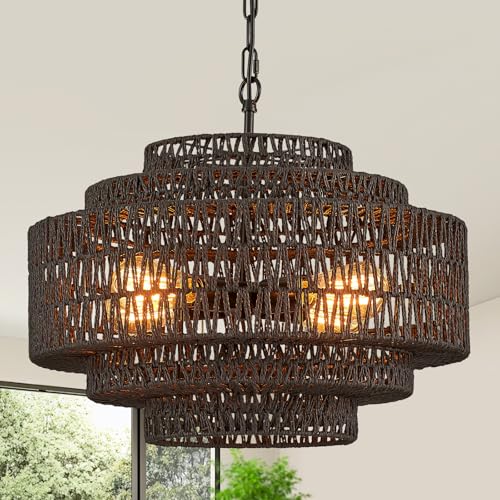 Image of Tunkayli Black Boho Rattan Chandelier Woven Rattan Hanging Light 20in Farmhouse Chandelier 4-Light Bamboo Wicker Light Fixtures for Dining Room Kitchen Island Bedroom Entryway