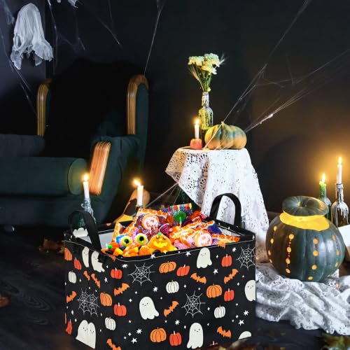 Image of Halloween Storage Basket Home Shelf Basket Rectangle Organizer Box Toys Clothes Laundry Hamper Nursery Bin Gift Laundry Basket with Handles(Black Cute Ghost Pumpkin)