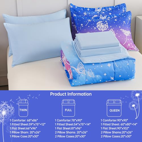 Image of Dinjoy Girls Comforter Set 7 Pieces, Full Size Colorful Ombre Rainbow Bedding Set, Bed in A Bag for Kid Teen Girls (1 Comforter, 1 Flat Sheet, 1 Fitted Sheet, 2 Pillow Shams, 2 Pillowcases)