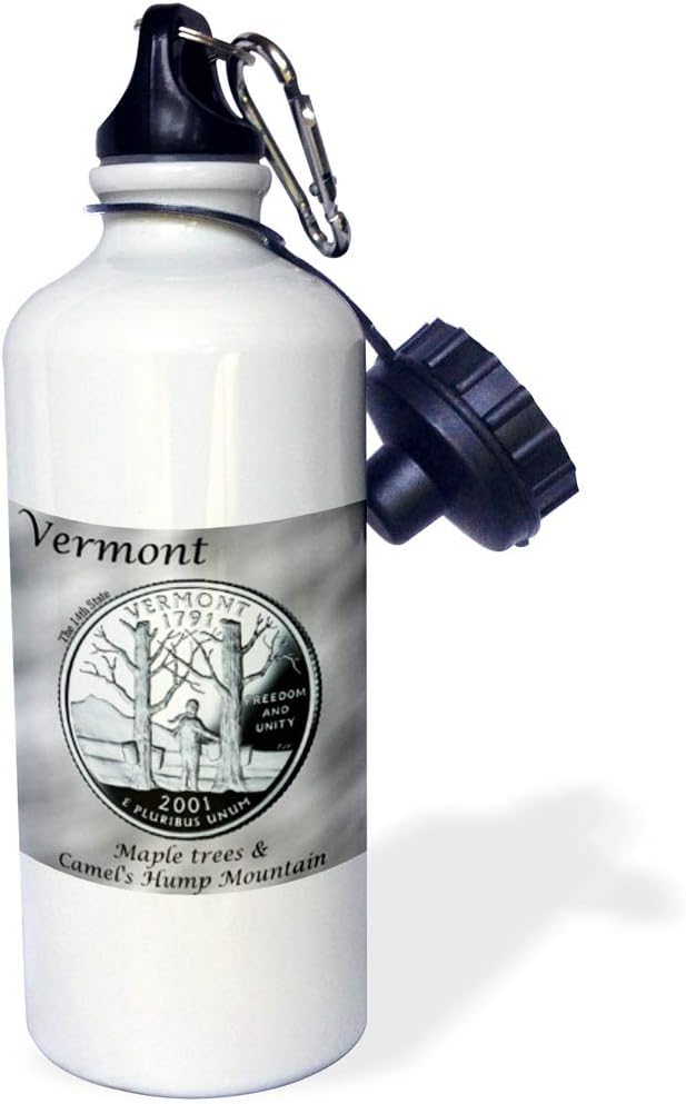 3dRose "State Quarter Vermont" Sports Water Bottle, 21 oz, White