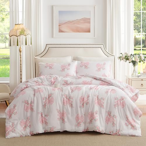 Image of Nayoroom Pink Bow Duvet Cover Queen Size Coquette Pink Floral Duvet Cover 3 Pieces Soft Lightweight Microfiber Girls Cute Aesthetic Dorm Bedding Set
