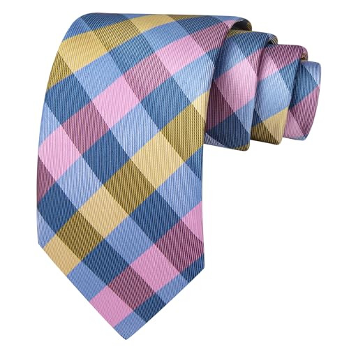 Image of Barry.Wang Plaid Ties Mens Silk Necktie and Tie Clip Checkered Tie for Wedding Party Business Formal