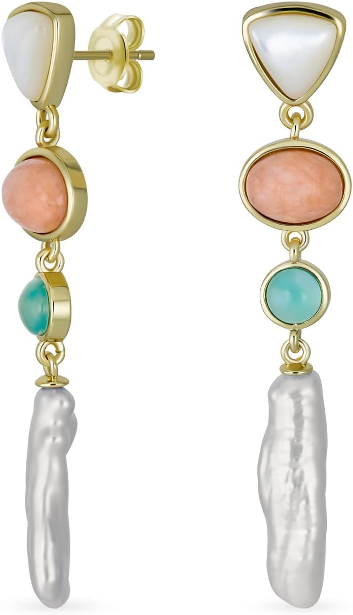 Modern Bridal Tri Tone Mixed Natural Pastel Soft Pink Green Gemstones Geometric Linear Thin Long Off White Freshwater Cultured Baroque Pearl Dangle Earrings For Women Teens Yellow Gold Plated