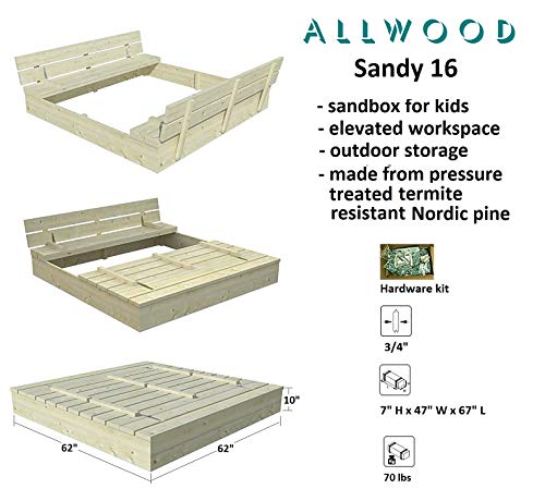 Allwood Sandy 16 Sandbox w/Sand Screen, 2 Foldable Bench Seats
