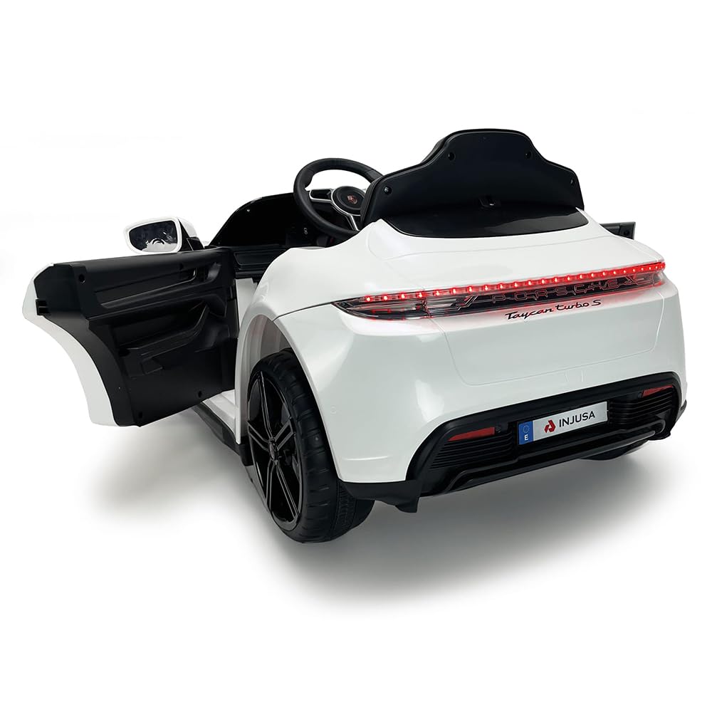 INJUSA Samochód elektryczny Porsche Taycan 12 V, dla dzieci w wieku od 2 do 4 lat, oświetlenie, hałas, bieg wsteczny, pilot zdalnego sterowania, akumulator i ładowarka w zestawie, 6 km/h, biały