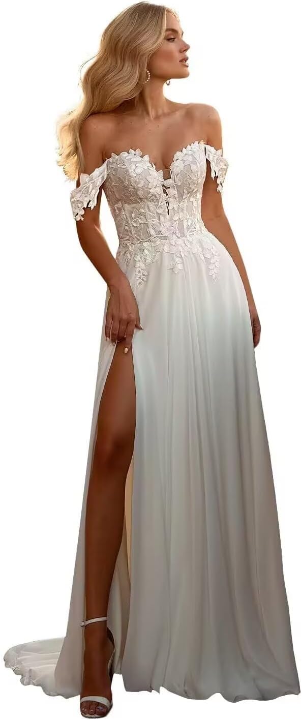 Molisa Tulle Lace Applique Wedding Dresses for Bride 2026 Off Shoulder A-Line V-Neck Sparkly Bridal Gowns with Train