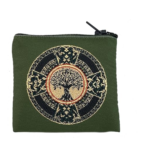 Rosary Pouch Small Tapestry Cloth, Celtic Cross Tree of Life, Green With Gold, Keepsake Holder Purse Case With Zipper, Religious Gifts, 3 Inch Wide