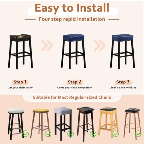 Image of PU Leather Bar Stool Covers Rectangular, 100% Waterproof Stool Covers Rectangle Super Stretch 20% Thicker Leather Saddle Stools Cover Rectangular Counter Bar Stools with Elastic Band (4 PCS, Navy)
