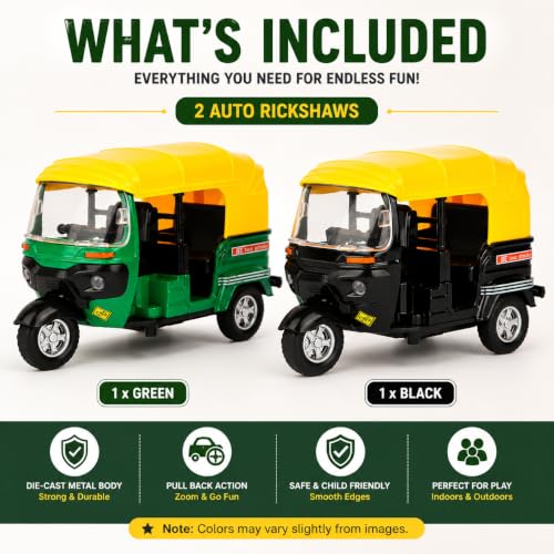 Image of PLUSPOINT Metal Auto Rickshaw Toy Set of 2 | Black & Green Die-Cast Metal Body | Pull Back Action Toy Vehicles | Detailed 3-Wheel Tuk Tuk Models for Kids | Pretend Play & Gifting