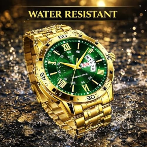 Image of TIMEWORKS Stainless Steel Designer Golden Round Shape Day & Date Dial Men's & Boy's Analog Watch, Band Color:Gold