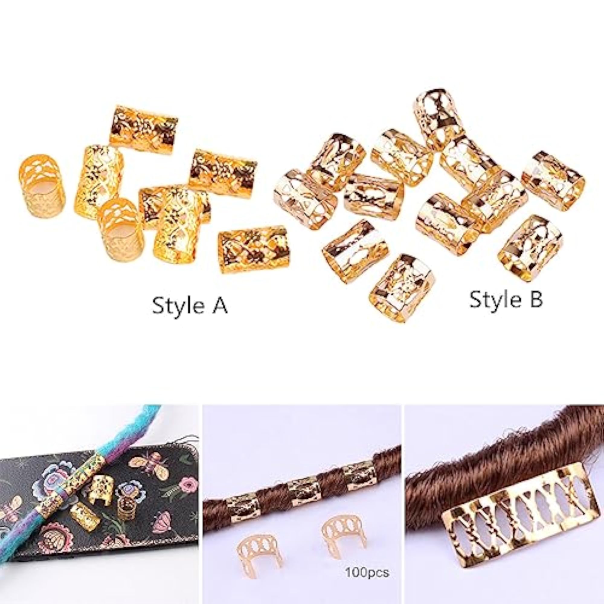 100 Pieces Dreadlocks Beads Metal Clips Cuffs Rings
