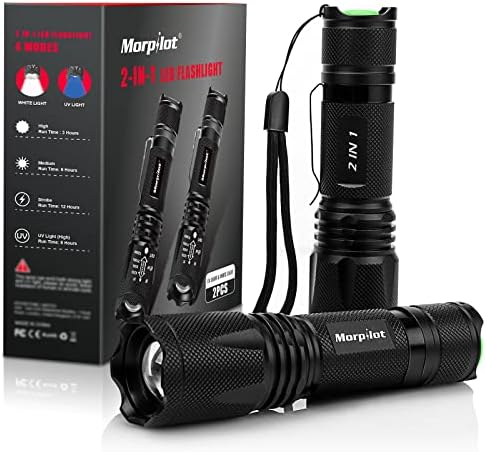 morpilot Blacklight Flashlights, 2 in 1 LED UV Blacklight with 500LM Highlight, 4 Modes, 395nm Black Light Flashlight for Pet Urine/Scorpion Detection/Night Fishing/Travel/Camping, 2pcs