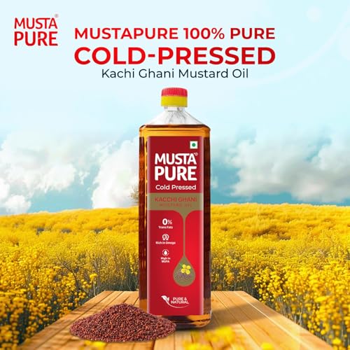 Image of Musta Pure Cold Pressed Kachi Ghani Mustard Oil 1 Litre Cooking Oil, Unrefined, Naturally Cholesterol Free, A1 Grade Real Seeds For Natural Aroma & Flavour For Roasting, Frying, Baking - PET Bottle