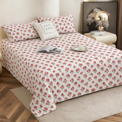 Image of 240 TC Soft Ezyption Cotton Floral Print King Double Bed bedsheet - with 2 Pillow Covers,bedsheet for Double Bed King Size Hypoallergenic, Brethable, (Size- 90 x 90 Inch) Red White
