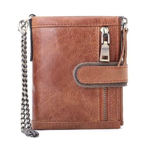 Chain Men's Short Top Layer Card Bag Triple Fold Money Clip Zip Wallet(white-Patch five-pointed star4)2